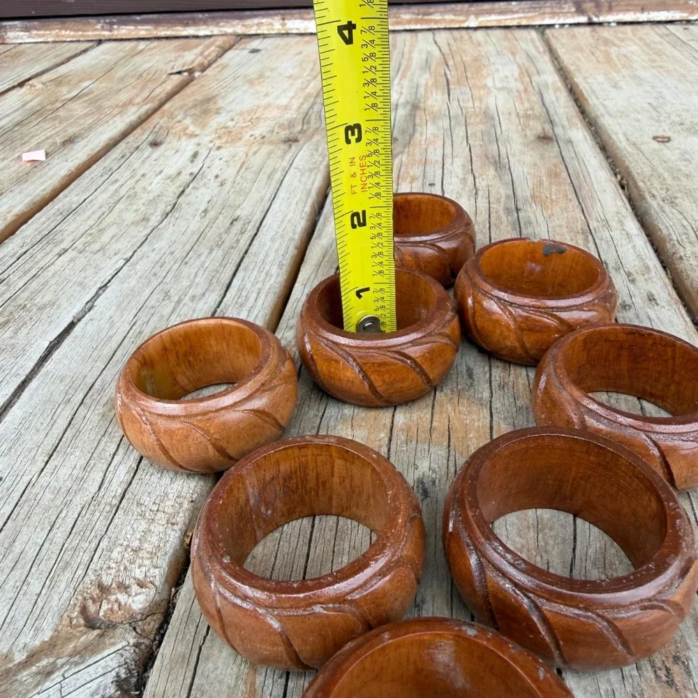 Vtg Hand Carved Wood Napkin Rings Set of 8‎ Brown Rustic Boho Table Decor